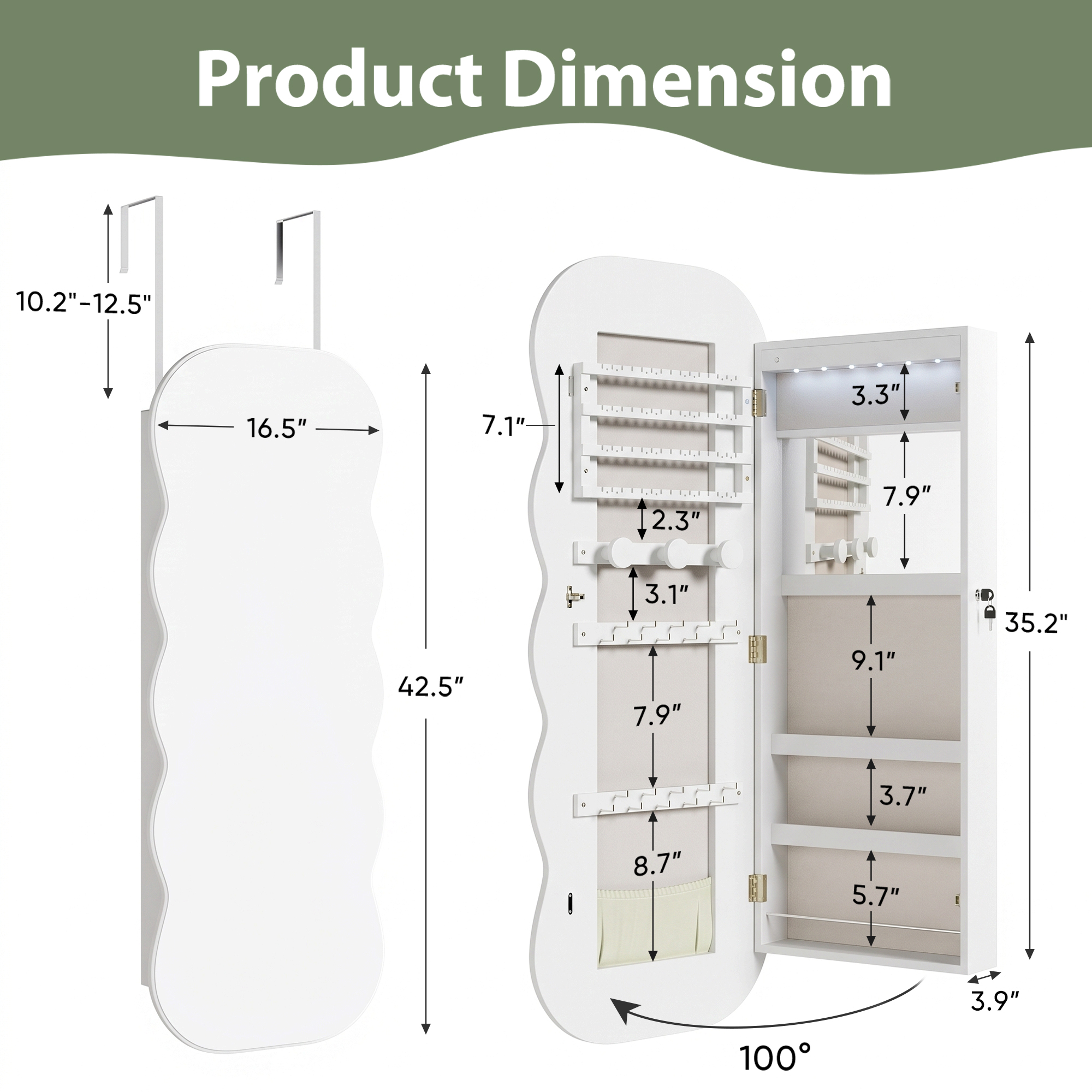 42.5IN Wall Mounted Jewelry Cabinet With Full Length Mirror, Storage Organizer Box, Over The Door… image 2