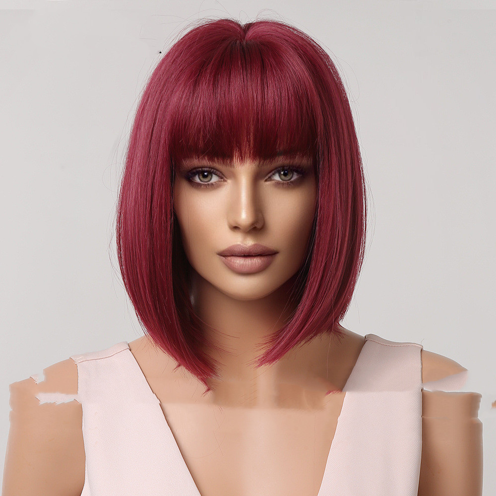 Female Qi Bang Short Bobo Full Headpiece Wig Rose Red - Shop at LoveMi
