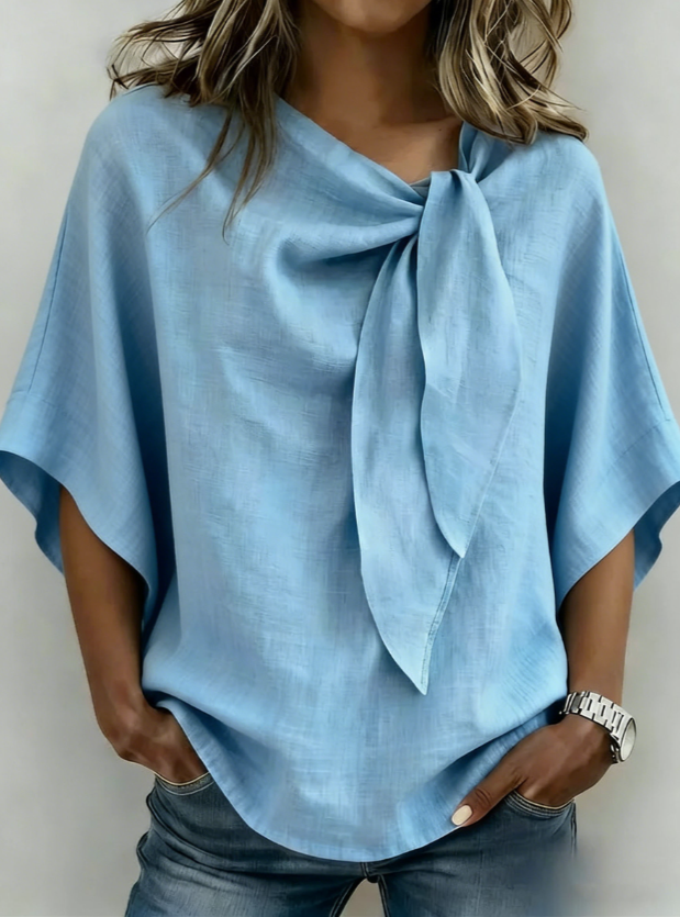 Light Blue Knot Tie Neck Batwing Short Sleeve Linen Blouse