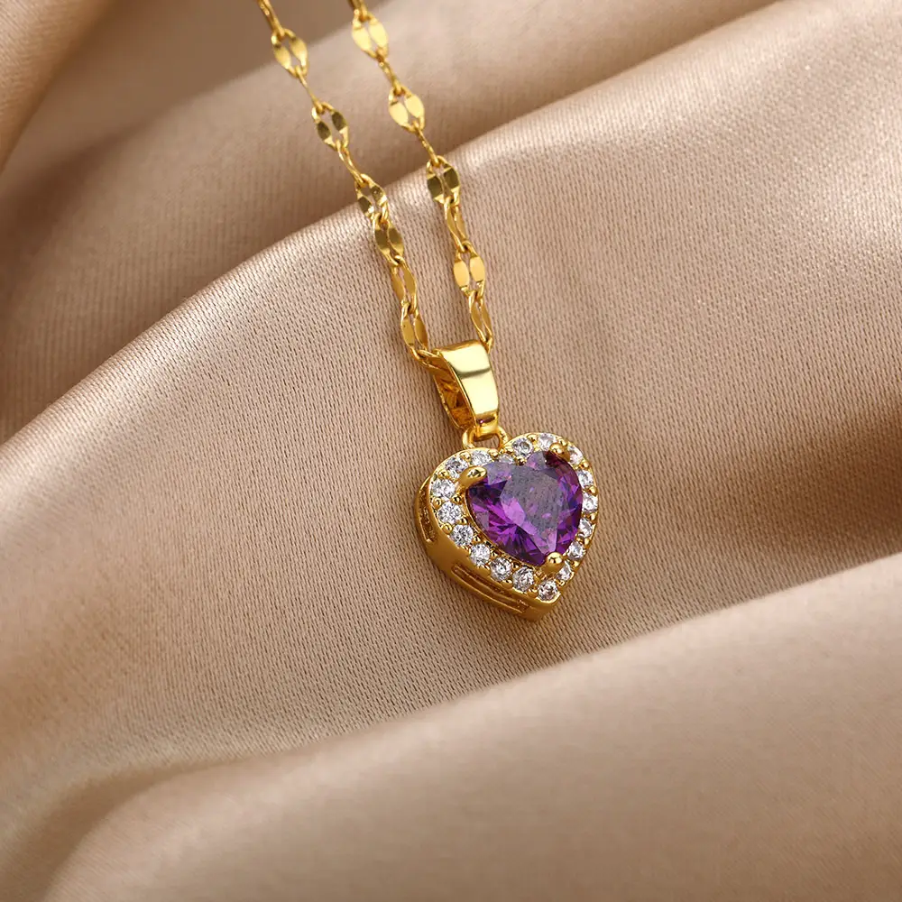 Heart Of Europe And America Ocean Necklace Heart Purple Zircon Pendant Heart Collar Chain