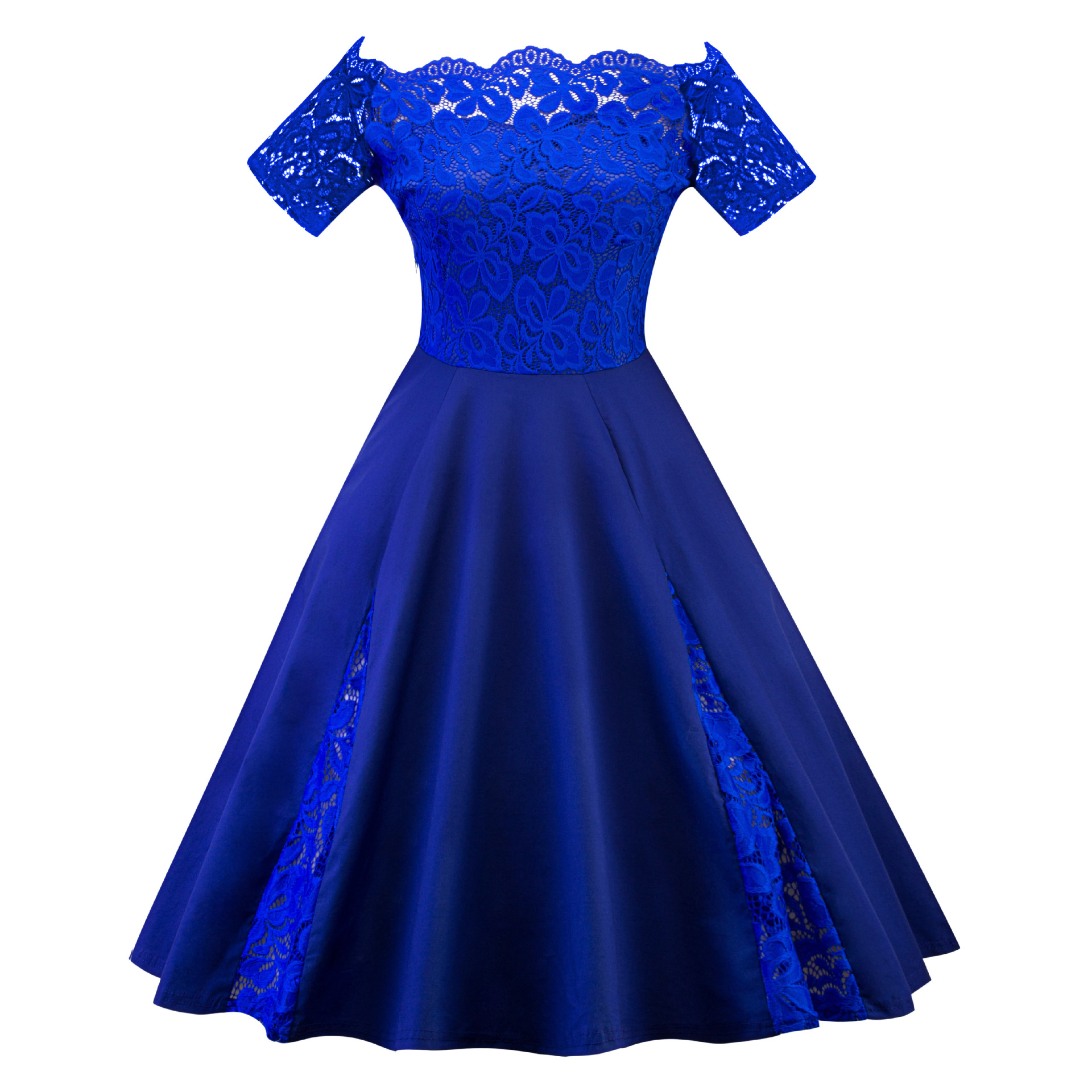Evening Dress One Word Neck Lace Stitching Retro Skirt Large Size Dress