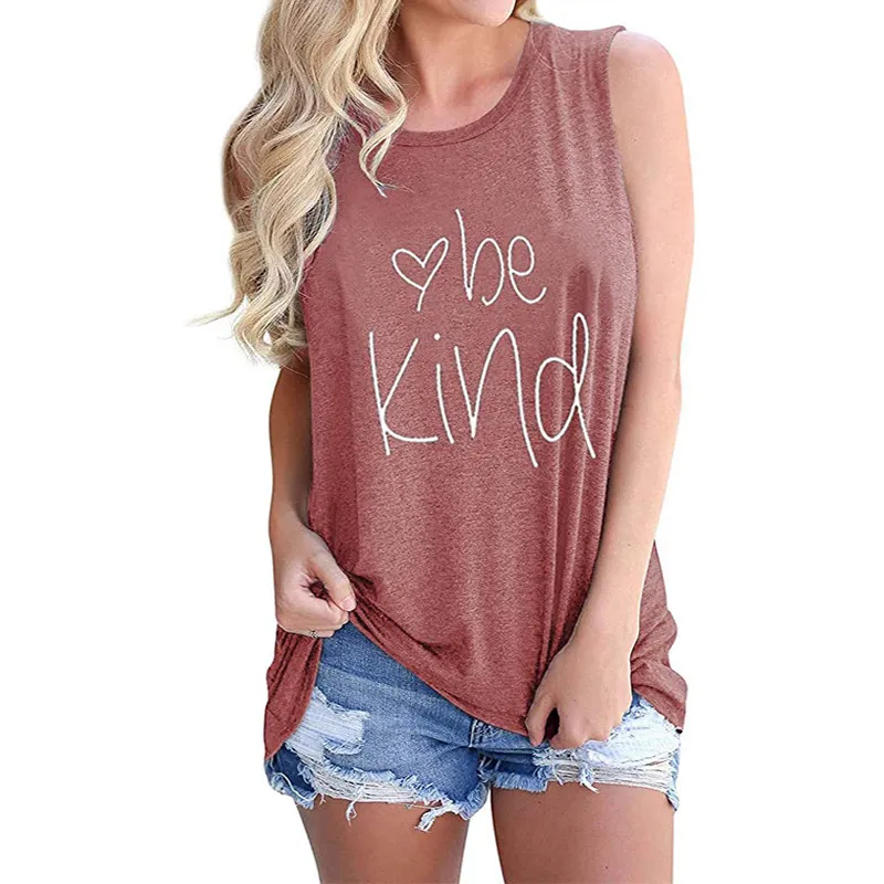 Letter Printed Round Neck Casual Sleeveless T-shirt - Brick Red