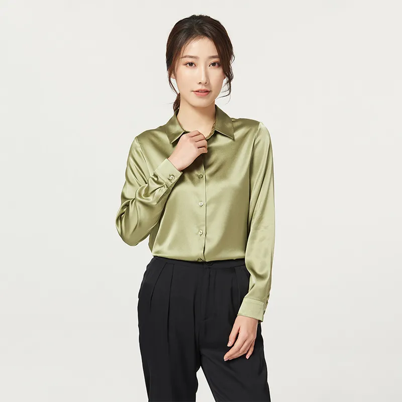 Women's Long Sleeve Satin Heavy Silk Shirt - Avocado Green