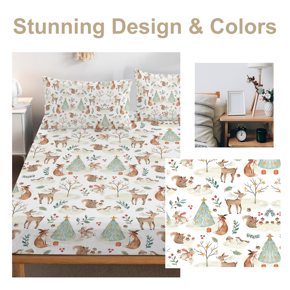 Sheet Set Kids - Cute Deer Fox 3 Pieces Soft Microfiber Cartoon Style Bedsheets For Boys Girls Teens, Breathable Deep Pocket Sheets Forest Animals