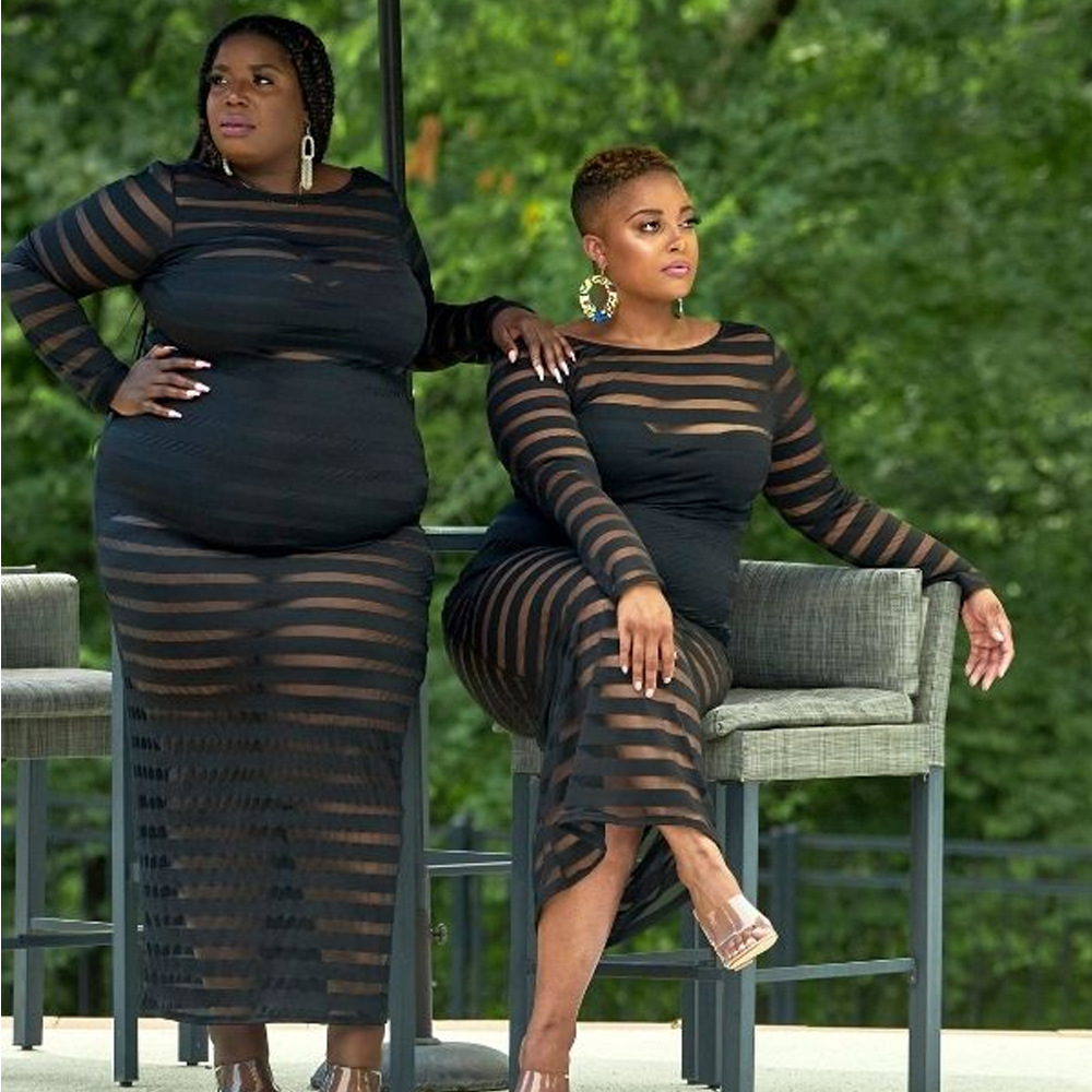 Round Neck Black See-through Mesh Cut-out Dress For Women