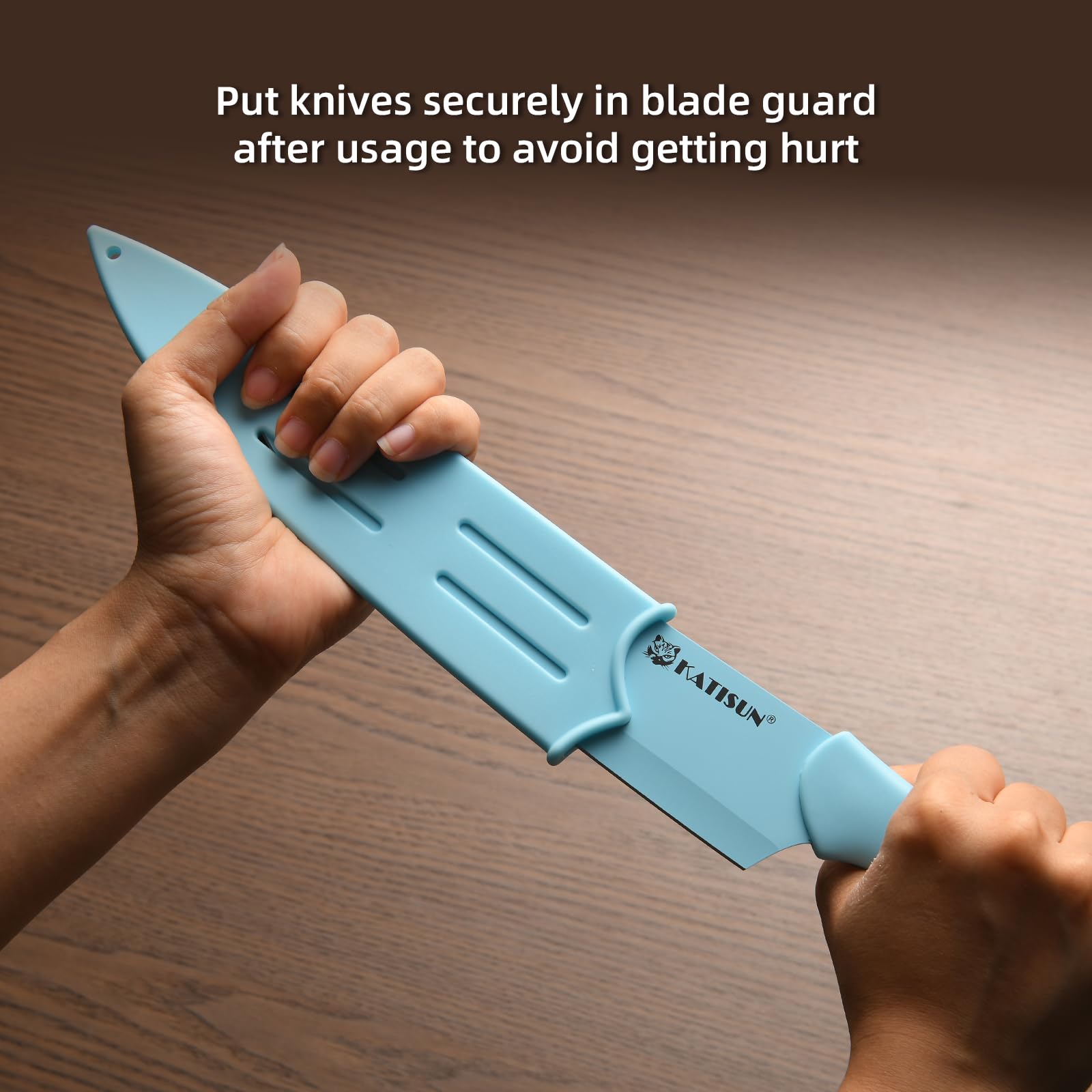 Kitchen Knife Set With Guards, 13 Piece Blue Non-Stick Stainless Steel Boxed Knives Set, Anti-Rust And Dishwasher Safe, 6 Knives With 6 Blade Covers And Kitchen Shears 4