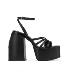 Square Toe Platform One-Line Solid Colour Chunky Heeled High Heel Sandals - Black - View 1