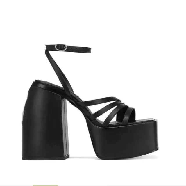 Square Toe Platform One Line Solid Color Chunky Heeled High Heel Sandals Black - Shop at LoveMi