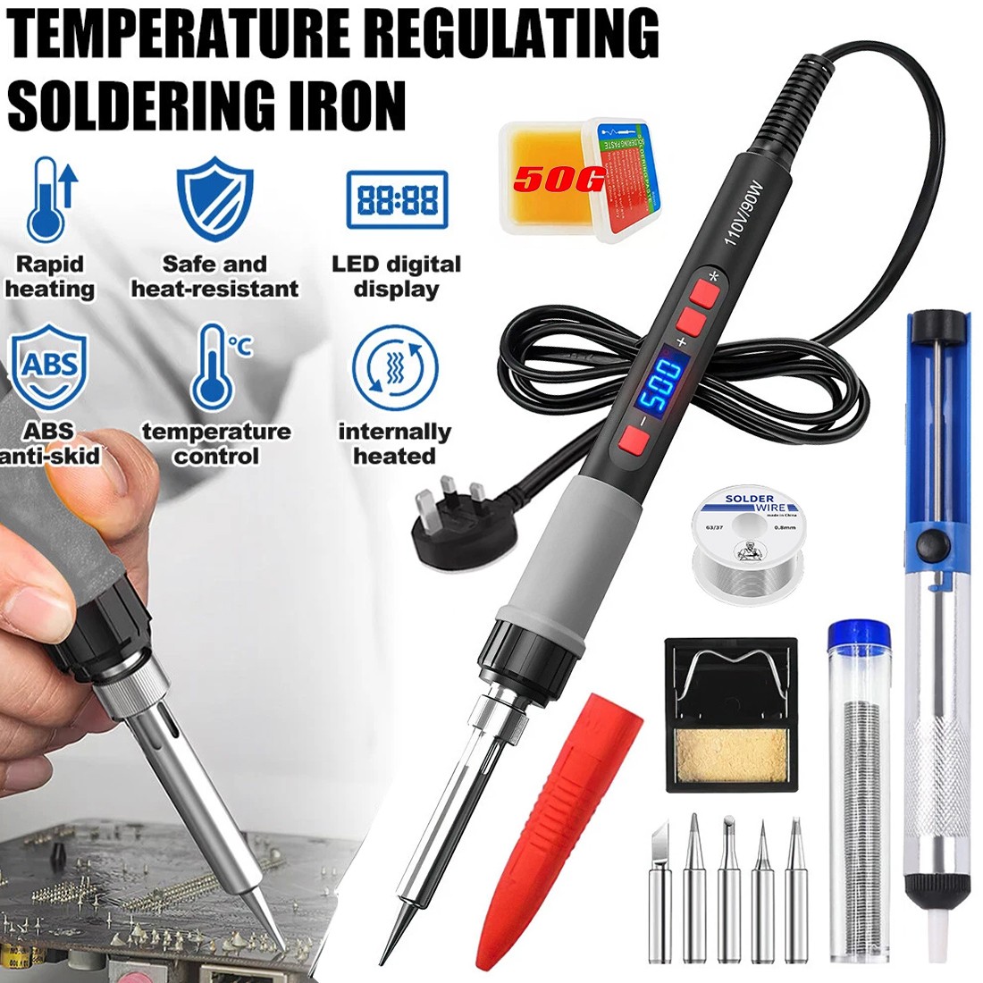 90W Soldering Iron Kit Electronics Welding Irons Solder Tools Adjustable Wire UK