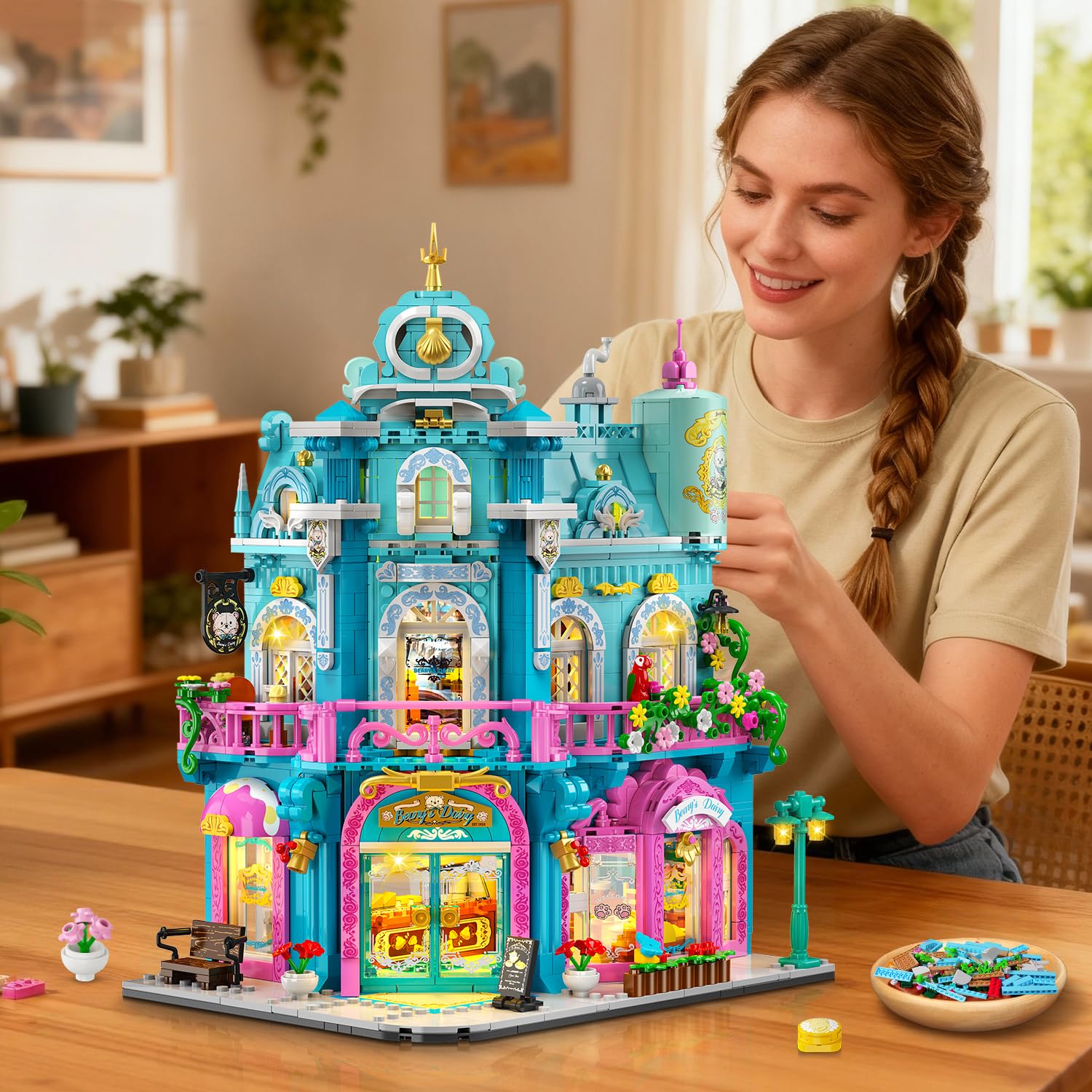 Castle Dairy Bakery Store Building Set With Light, City Dairy House Building Block Toy With Milk Cake Bread, Home Decor Construction Model Kit For Adults Teens Kids Boys Girls Ages