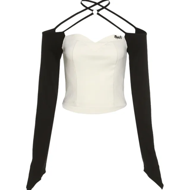 Temperament Short Halter Neck T shirt Women's Stitching Top Black - Shop at LoveMi