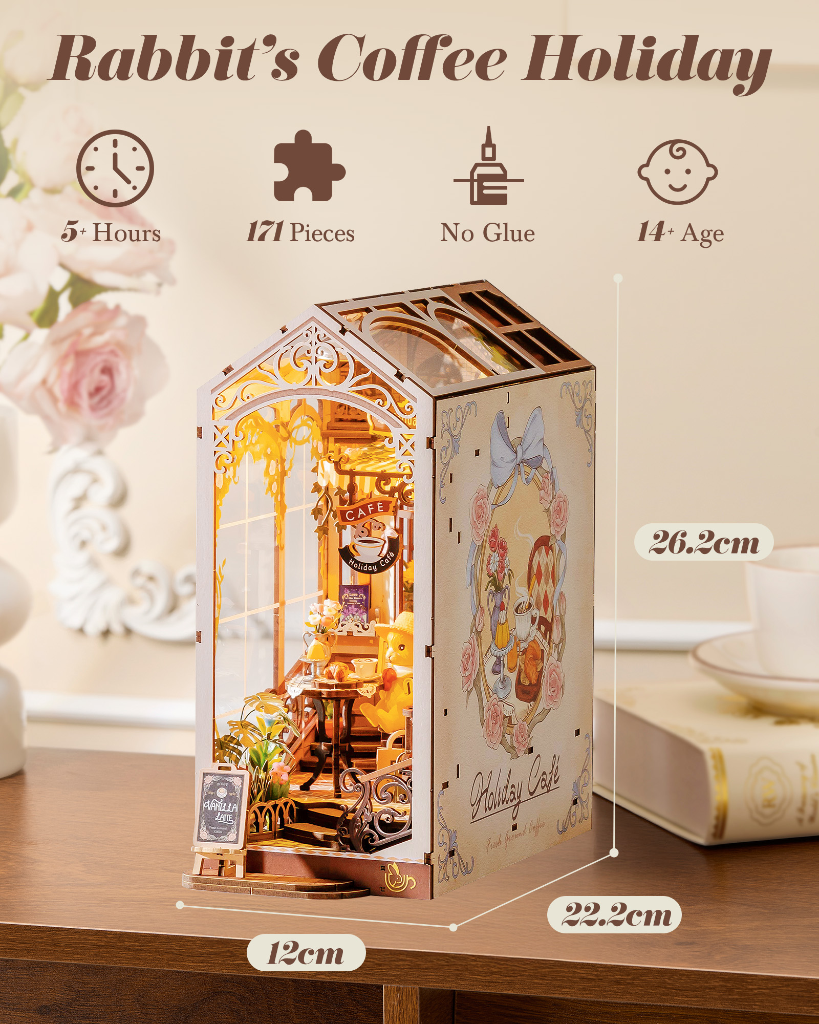 Rolife Holiday Cafe Reading Corner Set, DIY Mini House With Warm LED Lights, Glue-Free Assembly, Bookshelf Decoration, Creative Gift For Adults