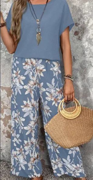 Women Solid Color Round Neck Short Sleeve Top And Flower Print Wide Leg Pants Set For Summer Two Piece Outfits Baby Blue - Shop at LoveMi