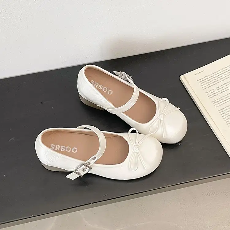Women Ballet Style Round Toe Bow Shallow Vamp Mary Jane Shoes, Genuine Leather Pumps