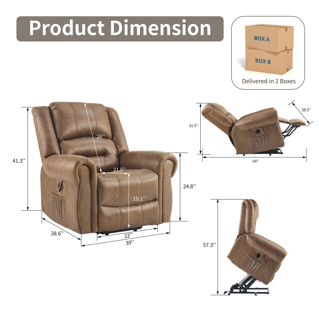 Power Lift Recliner Chair With Massage & Heat For Elderly, Single Motor Electric Lift Chair, Tech Fabric Upholstery, 8-Point Massage & 8-Point Heating, USB & Type-C Ports, Side Pockets,Brown