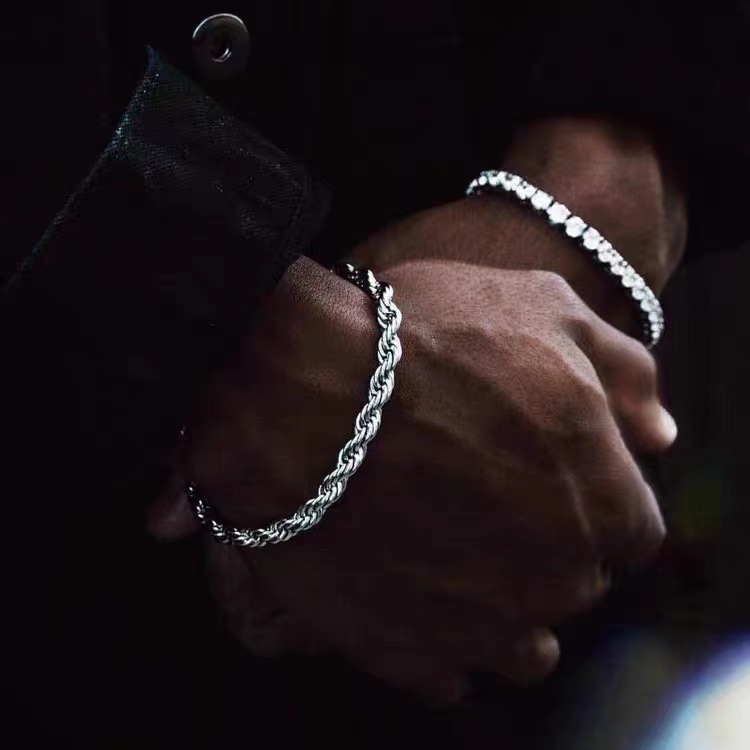 Twisted Rope Titanium Steel White Gold Plated Hip Hop Twist Bracelet