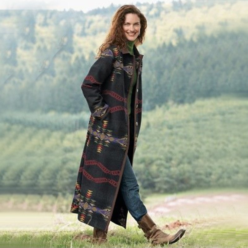 Women's Printed British Style Lapel Long Trench Coat