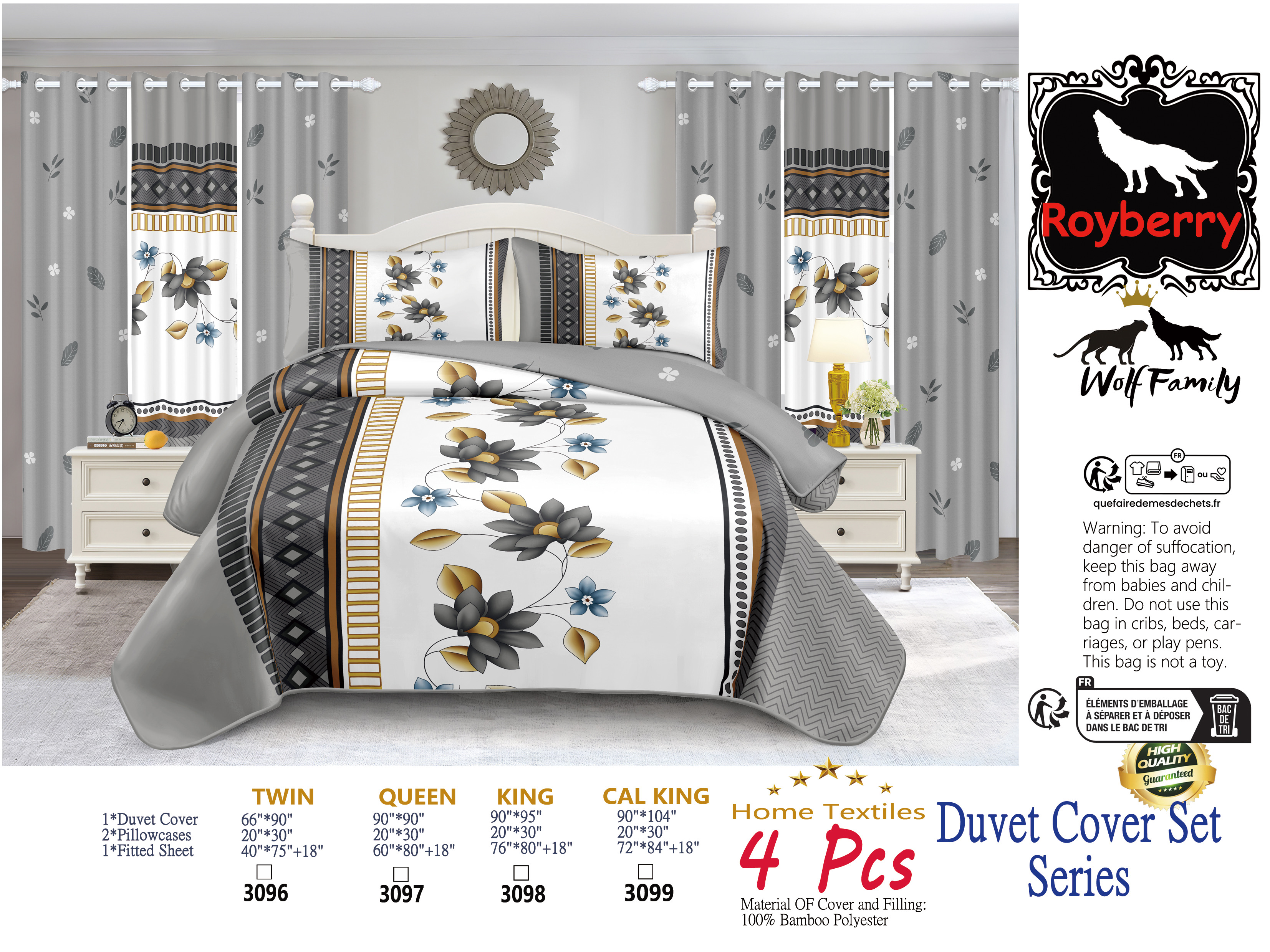4-Piece Gray And White Floral Duvet Cover Bedding Set For Queen, King And California King