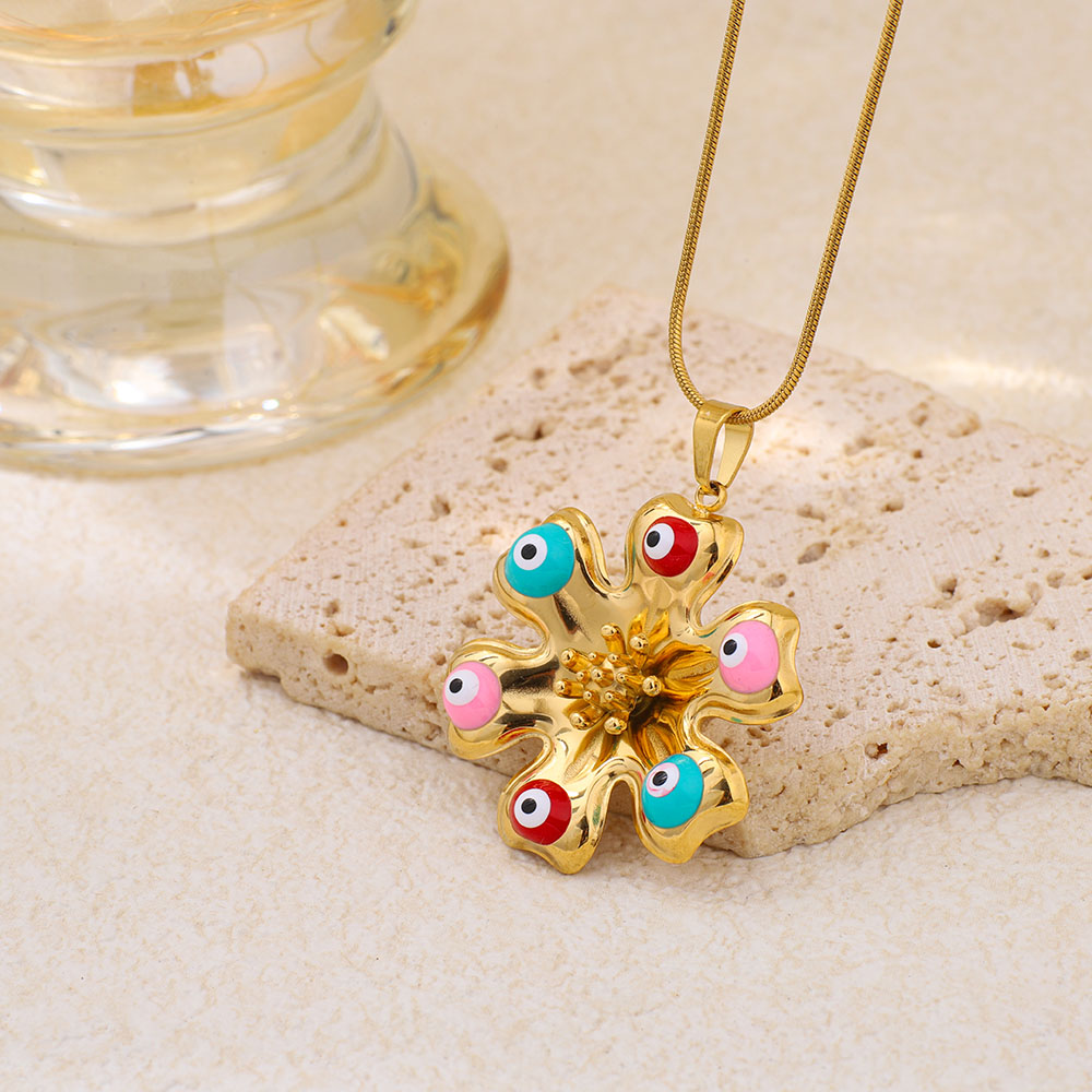 Stainless Steel Flower-shaped Demon's Eye Oil-dripping Pendant Necklace