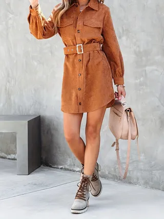 High Elastic Corduroy Long Sleeve Loose Casual Long Cardigan Shirt Dress For Women Khaki - Shop at LoveMi