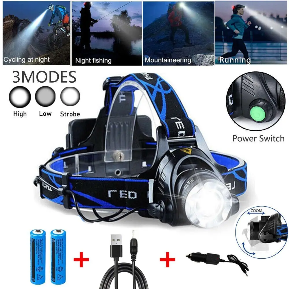 LED Headlamp Rechargeable Head Torch Zoom Headlight