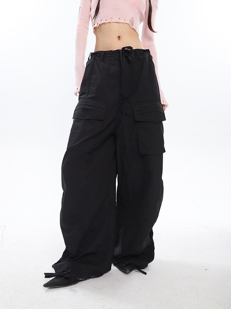 Women's Pocket Pleated Drawstring Vintage Wide Leg Pants