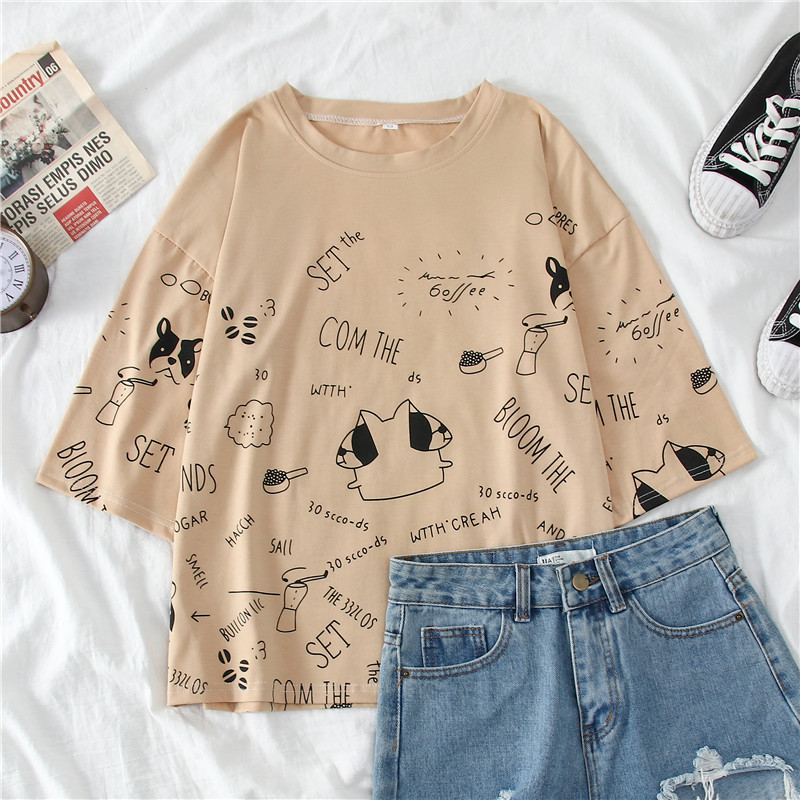 Title 2, Cartoon Graffiti Print Cute Three-quarter Sleev...