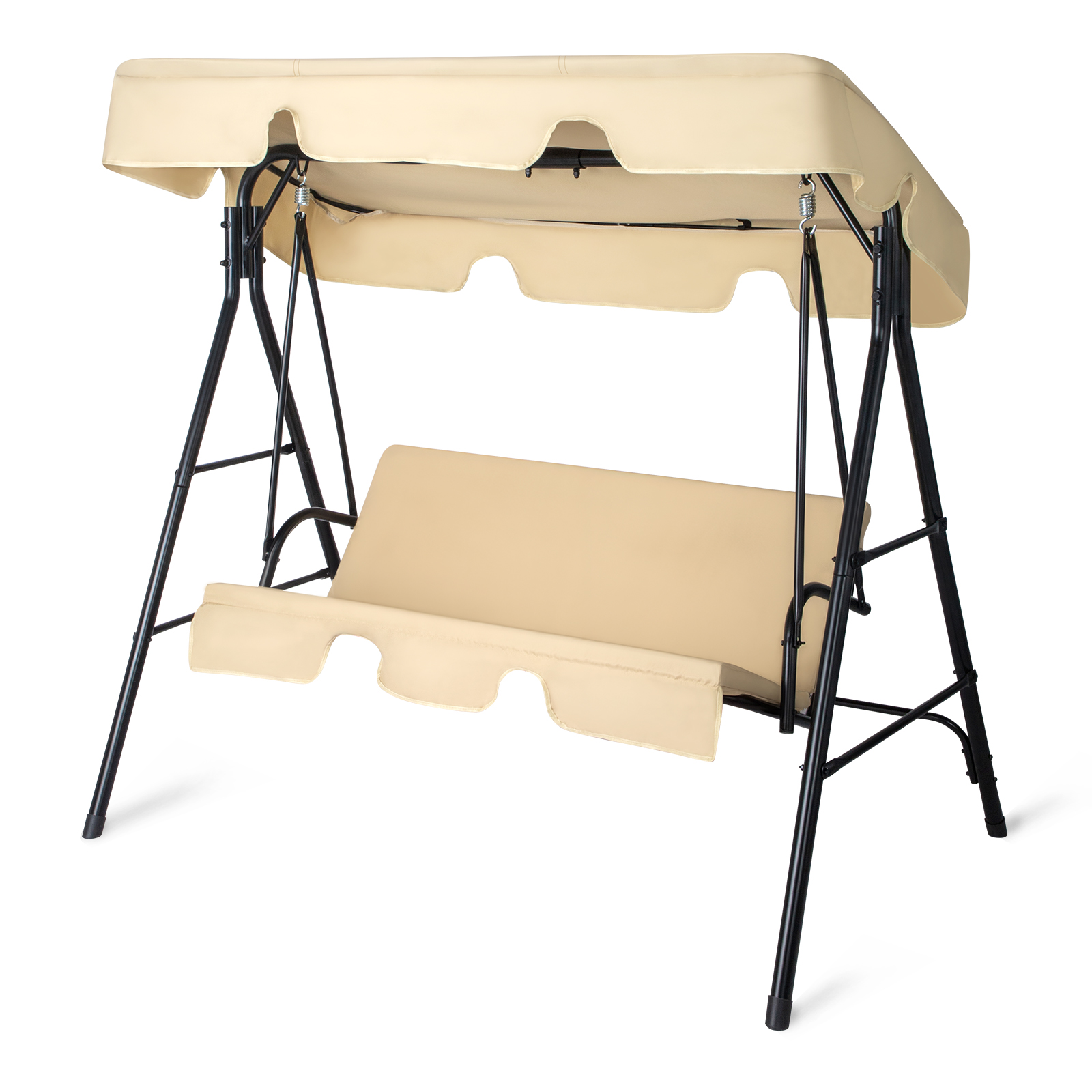 Outdoor Patio Swing Chair Set With Canopy, 3-Person Iron Frame Swing With Soft Cushions, 550lbs Capacity, Oxford Fabric, Khaki, Easy Assembly
