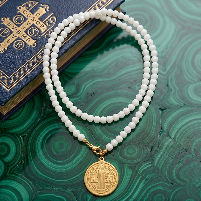 St Benedict Medal Long Necklace For Women, 80cm White Glass Bead Rosary Necklace, 18K Gold Plated Stainless Steel Religious Protection Jewelry