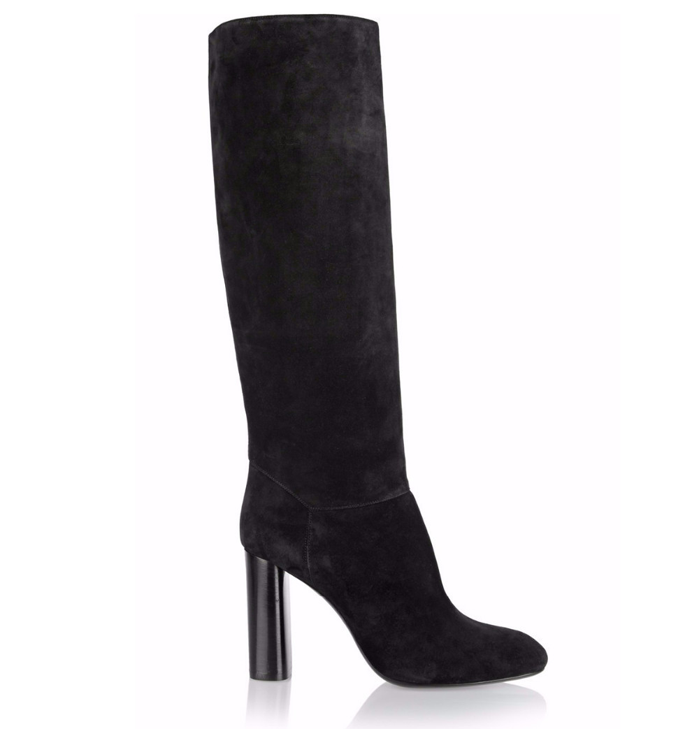 Black Suede Round Toe Chunky Heel Boots