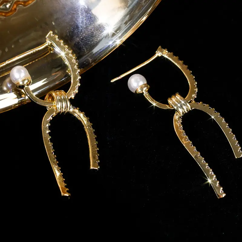 Gold Plated Silver Needle Zircon Pearl Letter Earrings