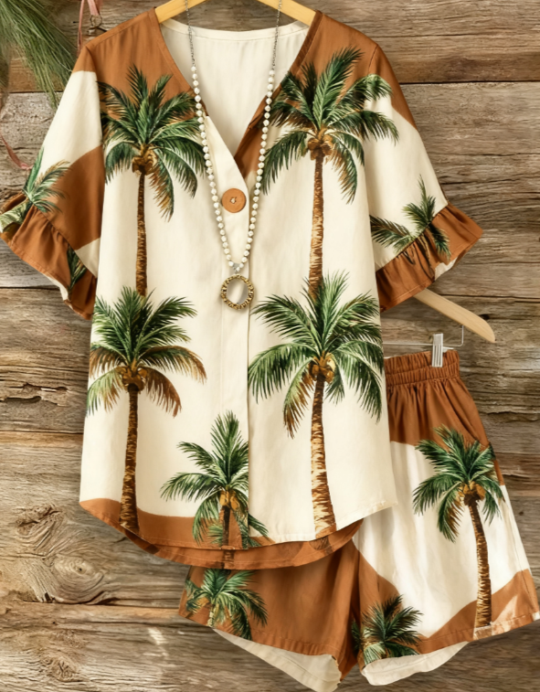 Printed V-neck Women's Long-sleeved Shirt  Shorts Set