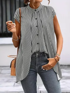 Black And White Striped Fake Two-piece Short-sleeved Shirt, Round-neck Front-buttoned Shirt - Hei - View 1