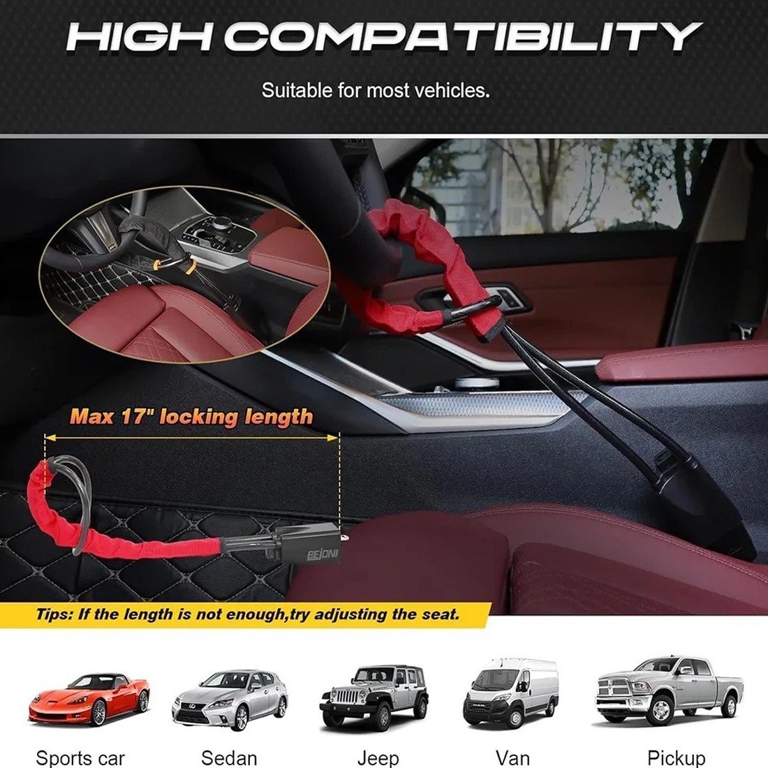 Steering Wheel Lock Anti-Theft Car Security Device Heavy Duty Seat Belt — image 6