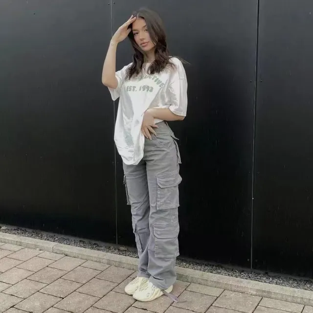Street Hip hop Trousers With Pockets Low Waist Overalls Fashion Casual Cargo Pants Grey - Shop at LoveMi