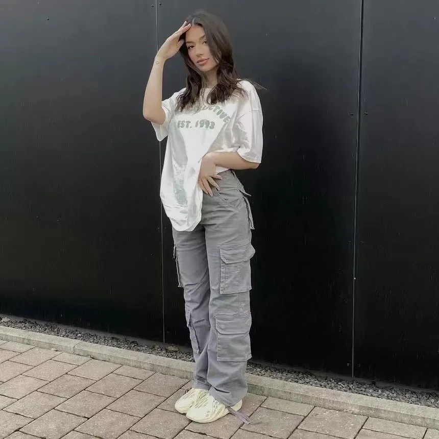 Street Hip-hop Trousers With Pockets Low Waist Overalls Fashion Casual Cargo Pants - Grey