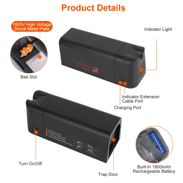 High Voltage 1800V Rat Trap - Spacious Inner For All Rodents, One - Way Entry, Rechargeable And Multifunctional For Indoor Scenes, Easy To Use Indoors,Outdoors For Mice,