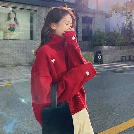 Title 6, Red Sweater Loose Pullover Lazy High Collar