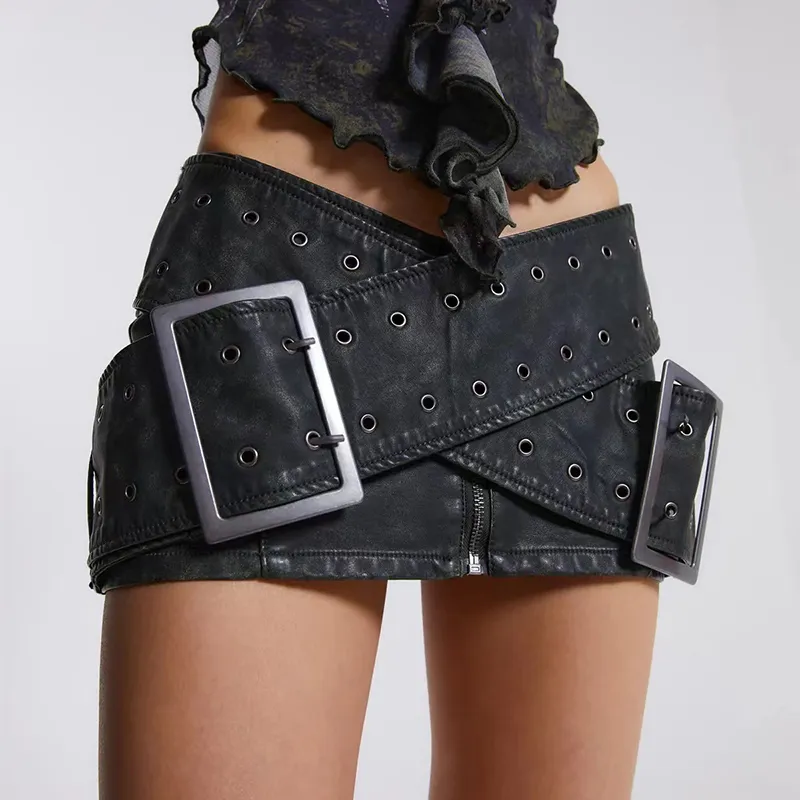 Vintage Worn Cross Belt Leather Miniskirt - Black