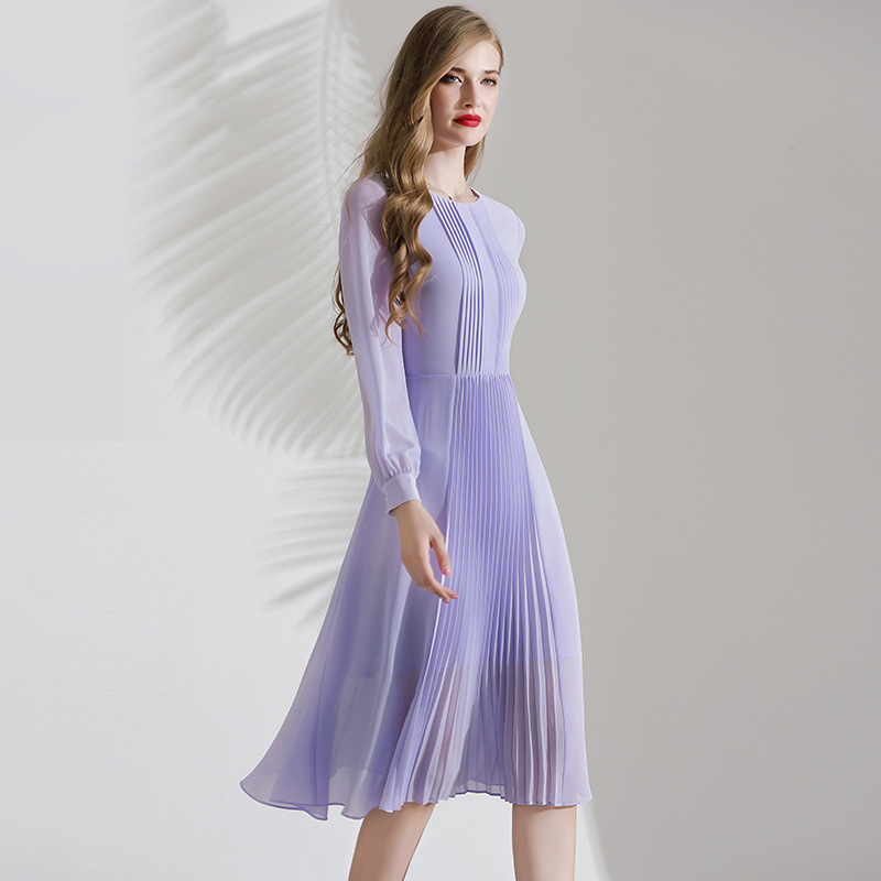 Fashion Purple Pleated Chiffon Dress For Women