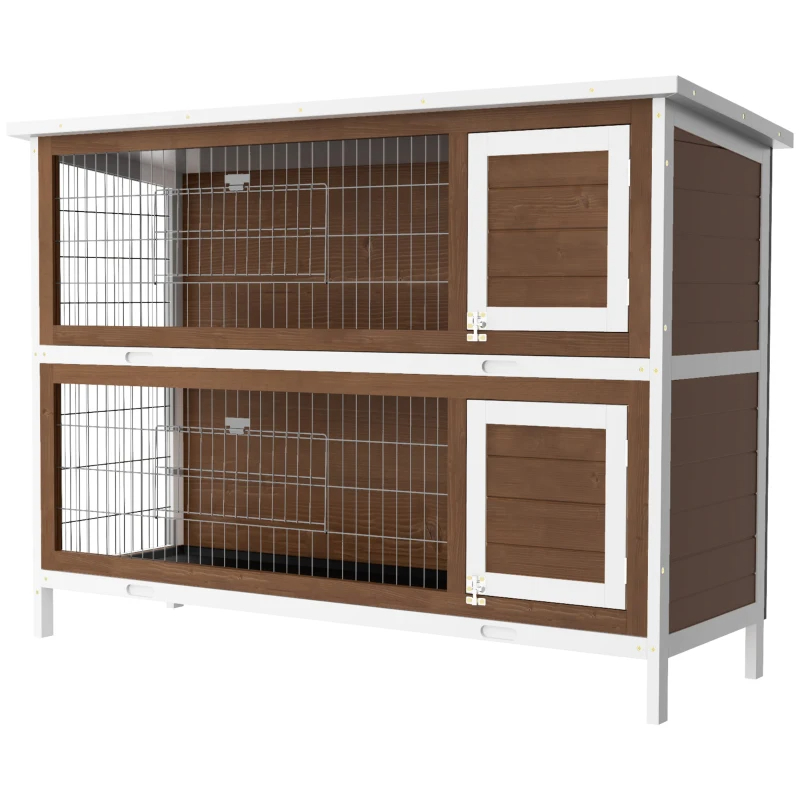 PawHut Wooden Rabbit Hutch Dividers Asphalt Roof For Small Animals & Outdoors, Brown