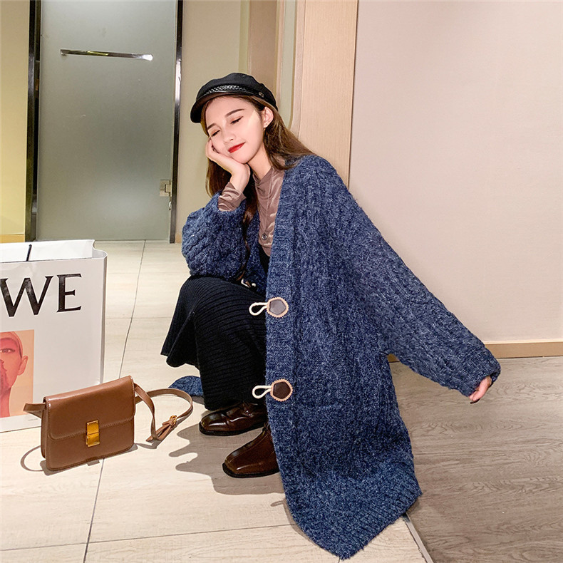 Mid-length Knitted Horn Button Thick Cardigan Sweater Coat