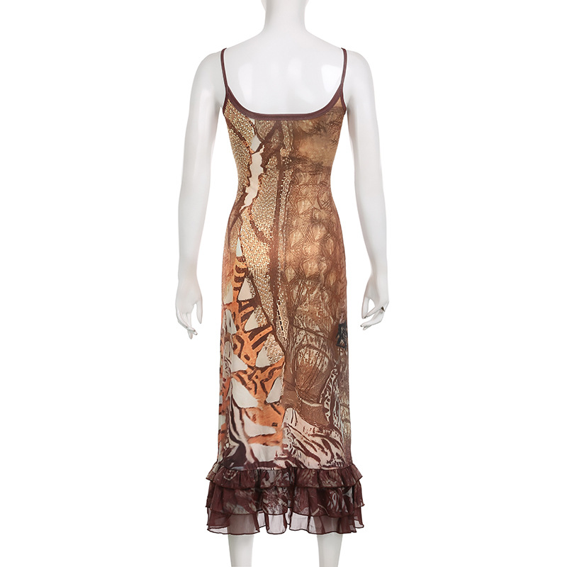 American-style Retro Printed Lace Slim Fit Patchwork Suspender Dress
