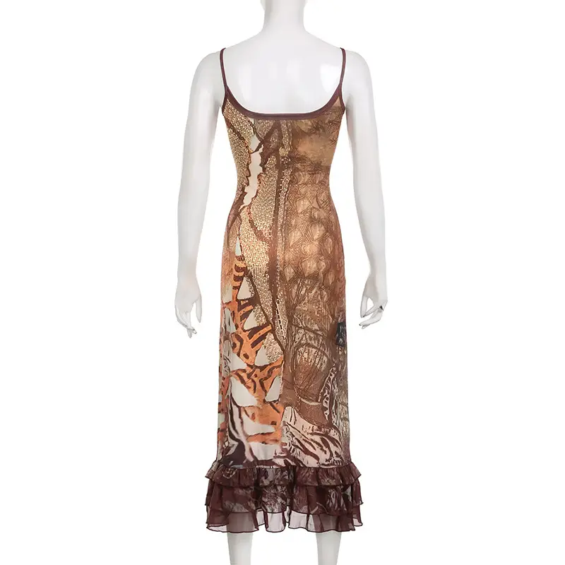 American-style Retro Printed Lace Slim Fit Patchwork Suspender Dress