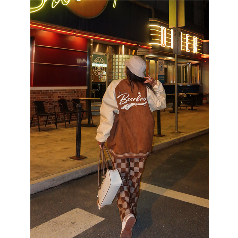 American Retro Flocking Baseball Jacket New Thickening Casual Loose