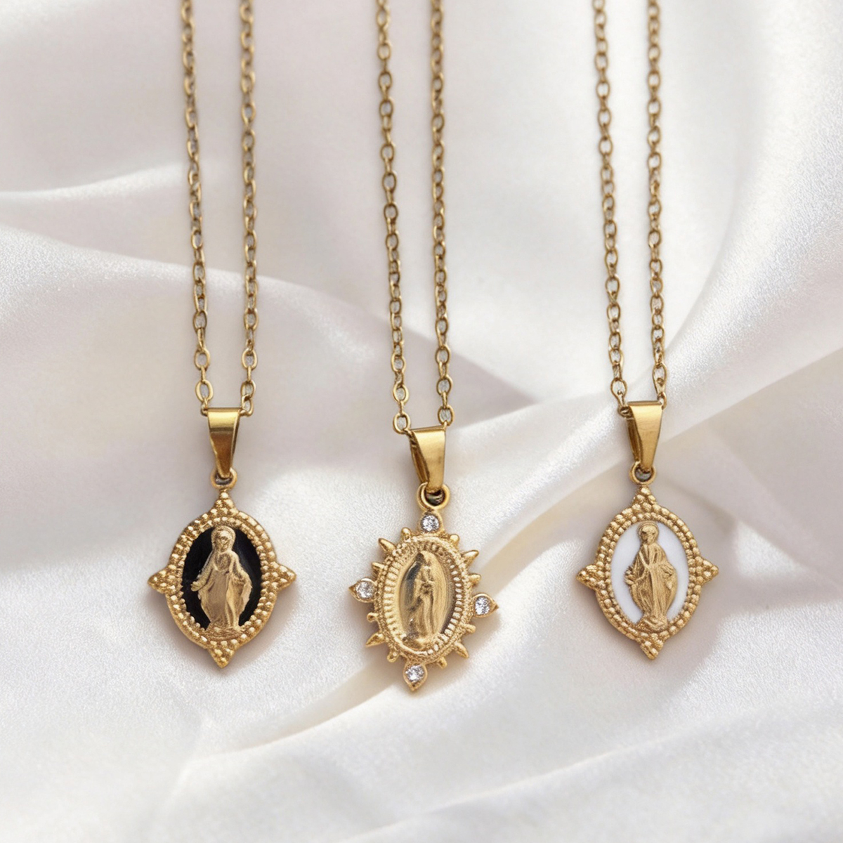 Stainless Steel Virgin Mary Inlaid With Rhinestones And Dripping Oil Pendant Necklace