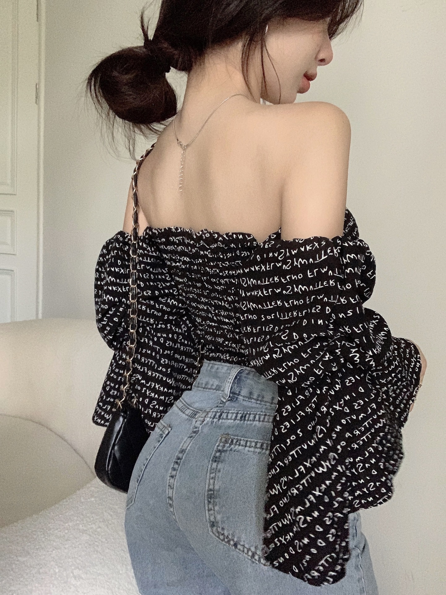 Temperament Word Neck Top Puff Sleeves All Match