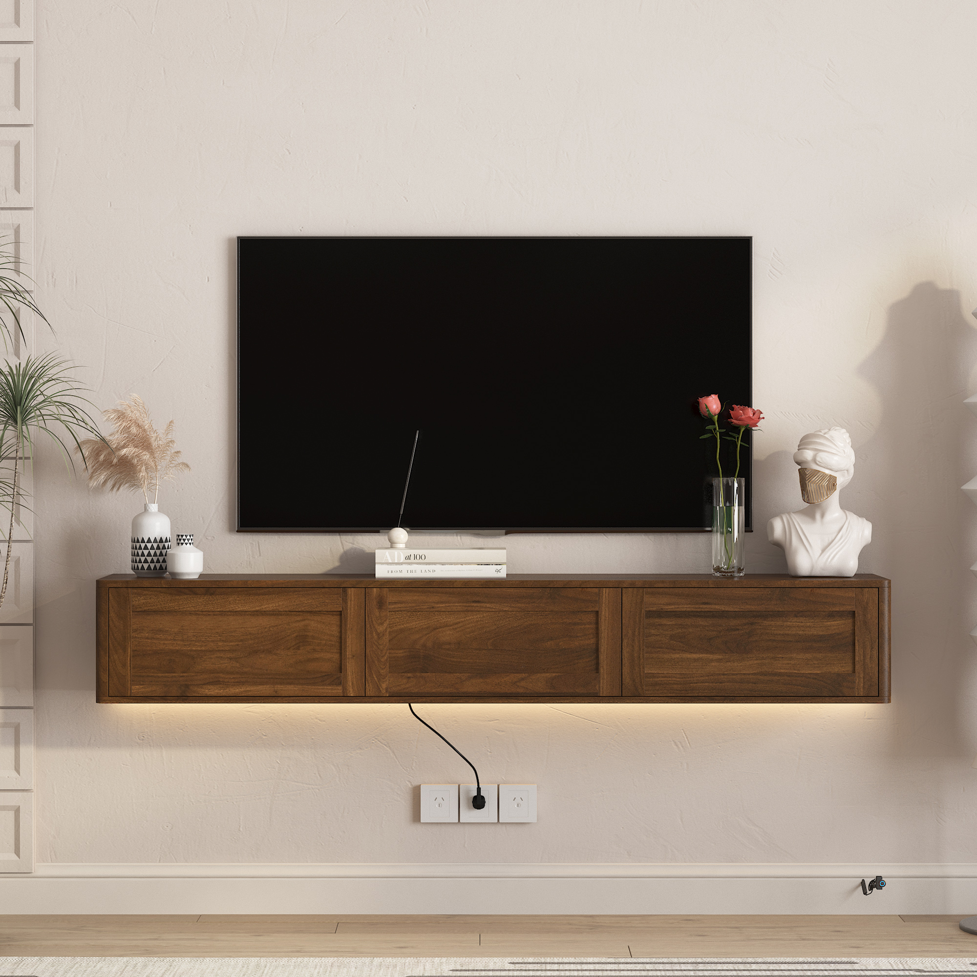 Floating TV Stand, Wall Mounted TV Shelf With Led Lights & Power Outlet,High Gloss TV Cabinet For Wood Tv Stands For Living Room