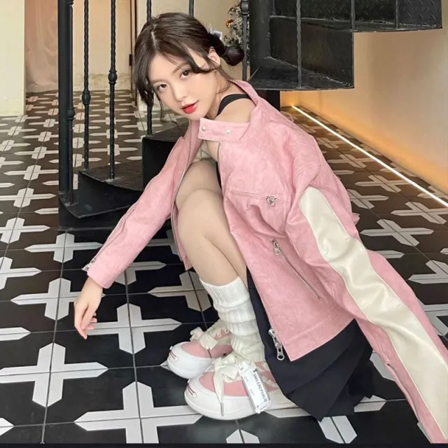 Women's Short Pink Zipper Stitching Leather Coat Pink - Shop at LoveMi