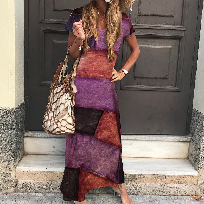 Printed V Neck Short Sleeve Bohemian Dress Purple - Shop at LoveMi